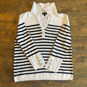 Talbots Women’s Petite Small Black White Striped Cotton Silk Split Neck Sweater